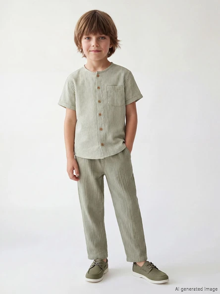 LCW Kids Ekru Hakim Yaka Çizgili Erkek Çocuk Gömlek ve Pantolon ürün görseli 1
