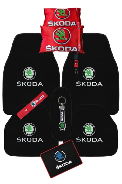 Skoda 5'li Araba Paspas Seti & Kırmızı Oto Boyun Yastığı & Ayna Askısı & Skoda Araç Oto Aksesuarı ürün görseli 1