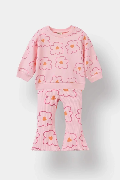 Defacto F0514A5PN99 Pembe Kız Bebek 2'li Takım Çiçekli Sweatshirt İspanyol Paça Tayt ürün görseli 1