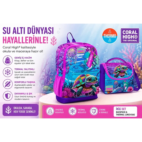 Pembe Mor Kaplumbağa Sırt Çantası 23756+THERMO Beslenme Çantası 11756 ürün görseli 1