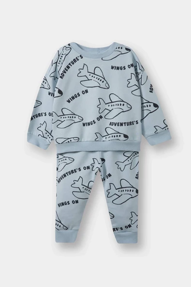 Defacto F0219A5BE523 Mavi Erkek Bebek 2'li Takım Baskılı Sweatshirt Eşofman Altı ürün görseli 1