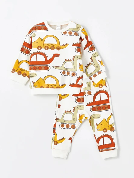 LCW baby Bej Bisiklet Yaka Uzun Kollu Baskılı Erkek Bebek Sweatshirt ve Eşofman Alt 2'li Takım ürün görseli 1