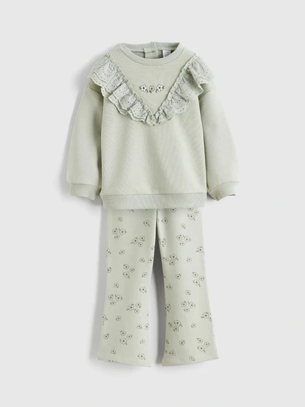 LCW Kids Yeşil Fırfırlı Çiçekli Kız Bebek Sweatshirt ve Tayt ürün görseli 1