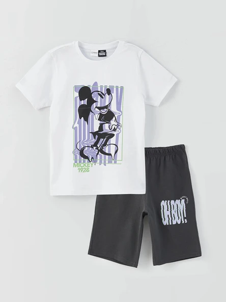 LCW Kids Beyaz Bisiklet Yaka Mickey Mouse Baskılı Kısa Kollu Erkek Çocuk Şortlu Pijama Takımı ürün görseli 1