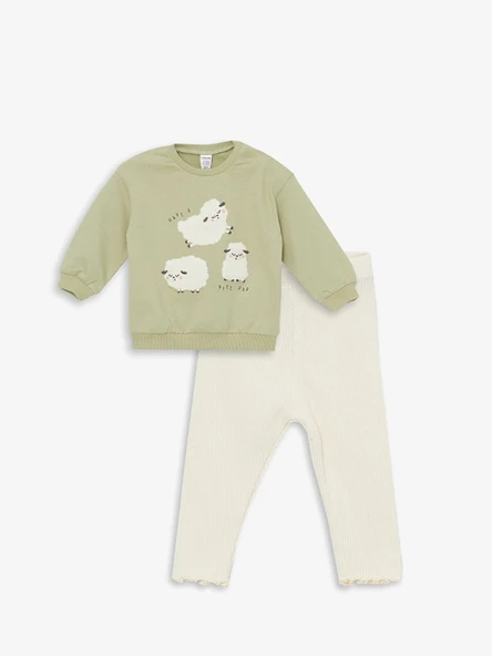 LCW baby Yeşil Bisiklet Yaka Uzun Kollu Baskılı Kız Bebek Sweatshirt ve Tayt 2'li Takım ürün görseli 1