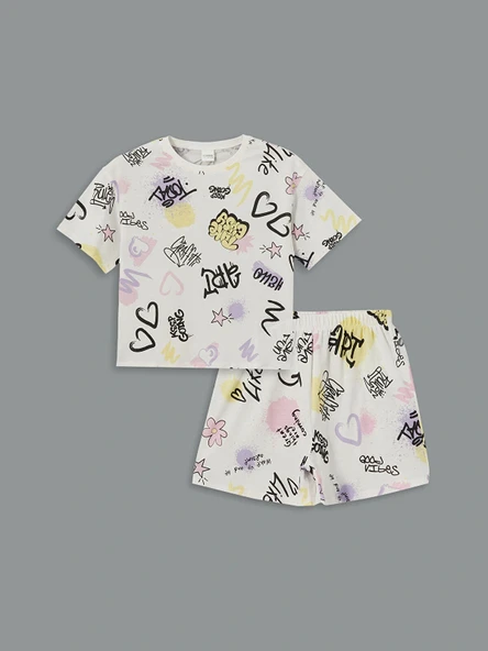 LCW Kids Ekru Bisiklet Yaka Kız Çocuk Şortlu Pijama Takımı ürün görseli 1
