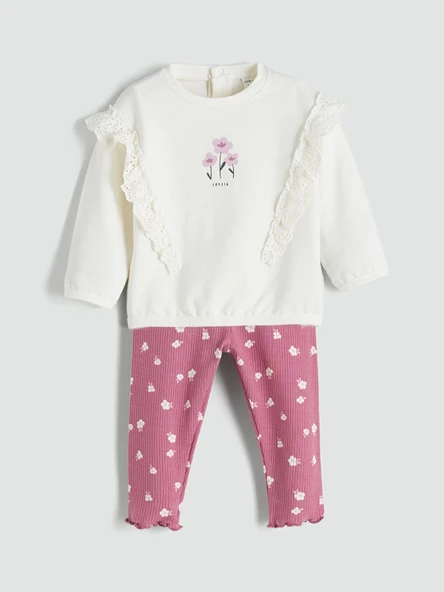 LCW baby Bej Bisiklet Yaka Çiçekli Kız Bebek Sweatshirt ve Tayt 2'li ürün görseli 1