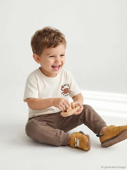 LCW baby Ekru Yengeç Baskılı Erkek Bebek Tişört ve Eşofman Altı ürün görseli 1