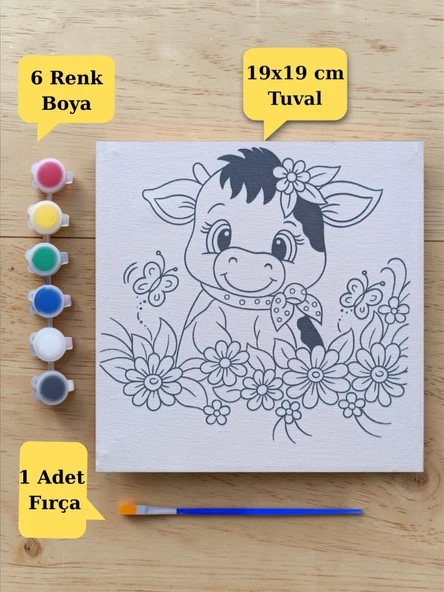 Sevimli Tavşan Baskılı Tuval Boyama Aktivite Seti 19x19 Cm (Tuval, Fırça ve 6 Renk Akrilik Boya Seti) ürün görseli 1