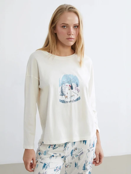 LCW DREAM Ekru Bisiklet Yaka Yılbaşı Temalı Kadın Pijama Takımı ürün görseli 1