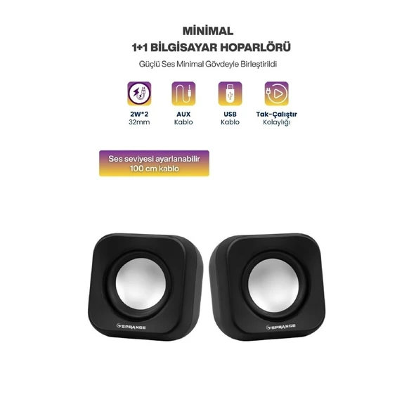 Sprange SR-PN99 2W*2 USB 2.0 + 3.5mm 5V PC Bilgisayar Hoparlör Siyah ürün görseli 1