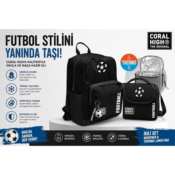 Coral High Siyah Futbol Desenli Sırt Çantası 23698+Thermo Beslenme Çantası 22798 ürün görseli 1