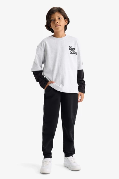 Defacto F2494A8GR400 Gri Erkek Çocuk 2'li Takım Baskılı Sweatshirt Eşofman Altı ürün görseli 1