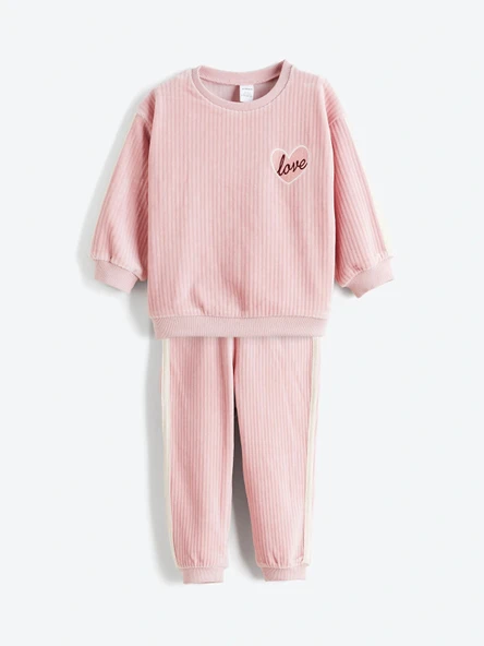 LCW Kids Pembe Bisiklet Yaka Kız Çocuk Kadife Sweatshirt ve Eşofman Alt ürün görseli 1