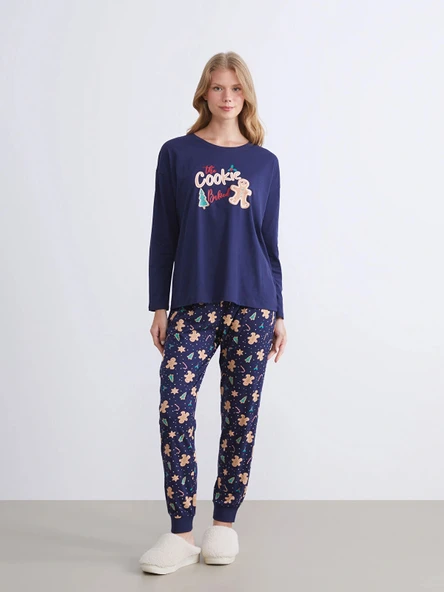 LCW DREAM Lacivert Kurabiye Adam Baskılı Kadın Pijama Takımı ürün görseli 1
