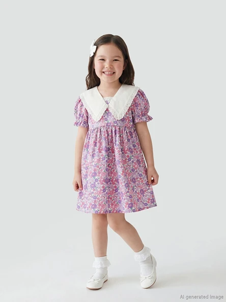 LCW Kids Lila Baskılı Keten Görünümlü Kız Çocuk Elbise ürün görseli 1