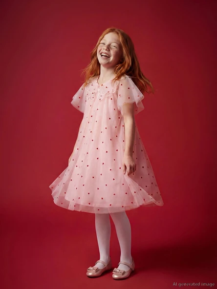 LCW Kids Pembe Bebe Yaka Kalp Nakışlı Kız Çocuk Prenses Elbise ürün görseli 1