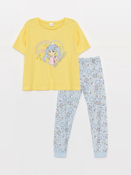 LCW Kids Sarı Bisiklet Yaka Baskılı Kısa Kollu Kız Çocuk Pijama Takımı ürün görseli 1