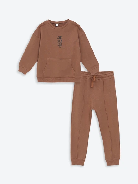 LCW Kids Kahverengi Bisiklet Yaka Uzun Kollu Baskılı Erkek Bebek Sweatshirt ve Eşofman Alt 2'li Takım ürün görseli 1