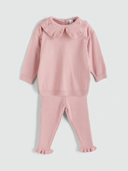 LC WAIKIKI Pembe Bebe Yaka Kız Bebek Triko Sweatshirt ve Tayt 2'li ürün görseli 1