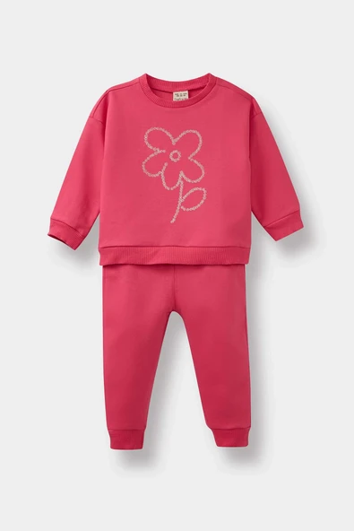 Defacto E8993A5PN168 Pembe Kız Bebek 2'li Takım Çiçekli Sweatshirt Eşofman Altı ürün görseli 1