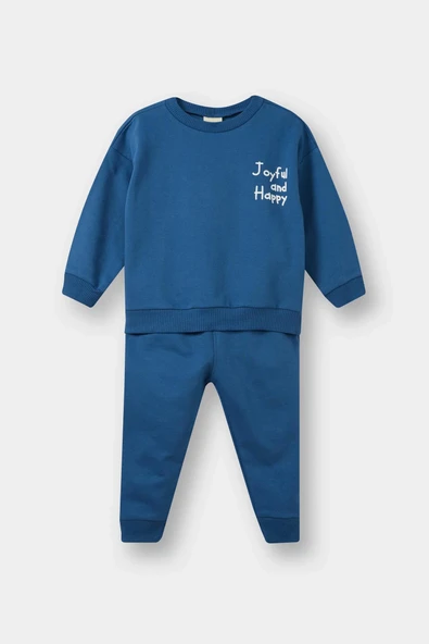 Defacto E8990A5BE376 Mavi Erkek Bebek 2'li Takım Baskılı Sweatshirt Eşofman Altı ürün görseli 1