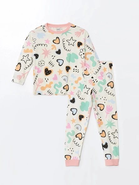 LCW Kids Ekru Bisiklet Yaka Baskılı Uzun Kollu Kız Çocuk Pijama Takımı ürün görseli 1