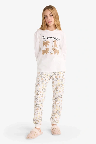 Defacto F6230A8BG759 Bej Kız Çocuk Pijama Takımı Baskılı Uzun Kollu Üst Uzun Alt ürün görseli 1