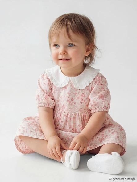 LCW baby Ekru Kız Bebek Bebe Yaka Çiçekli Poplin Elbise ürün görseli 1