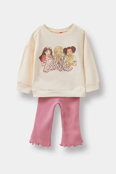 Defacto F0528A5PN161 Pembe Kız Bebek Barbie 2'li Takım Sweatshirt Tayt ürün görseli 1