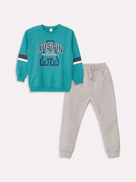 LCW Kids Turkuaz Bisiklet Yaka Uzun Kollu Baskılı Erkek Bebek Sweatshirt ve Eşofman Alt 2'li Takım ürün görseli 1
