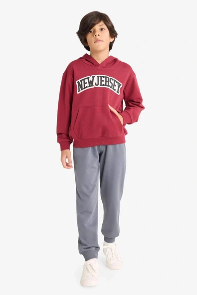 Defacto G3658A8BR285 Bordo Erkek Çocuk 2'li Takım Kapüşonlu Baskılı Sweatshirt Eşofman Altı ürün görseli 1
