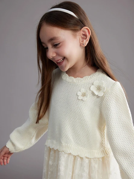 LCW Kids Ekru Çiçek Aplikeli Kız Çocuk Tüllü Elbise ürün görseli 1