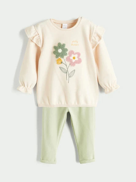 LCW baby Bej Bisiklet Yaka Çiçekli Kız Bebek Sweatshirt ve Tayt 2'li ürün görseli 1