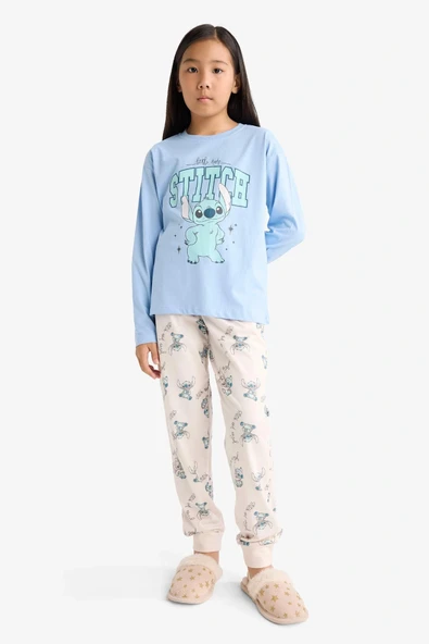 Defacto F7357A8BE768 Mavi Kız Çocuk Disney Lilo & Stitch Pijama Takımı Uzun Kollu Üst Uzun Alt ürün görseli 1