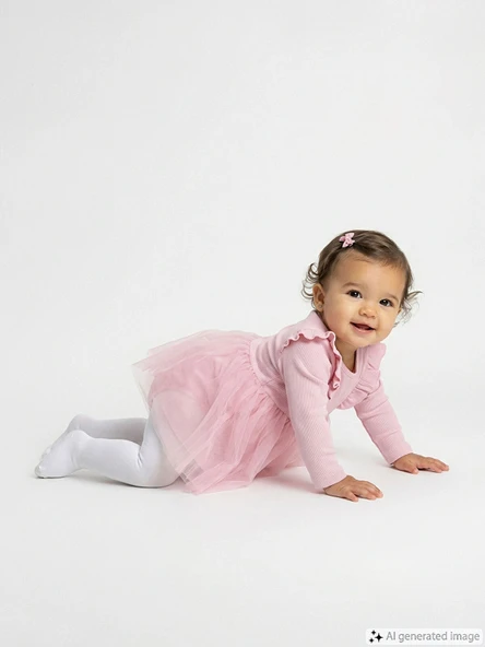 LCW baby Pembe Bisiklet Yaka Tütülü Kız Bebek Elbise ürün görseli 1