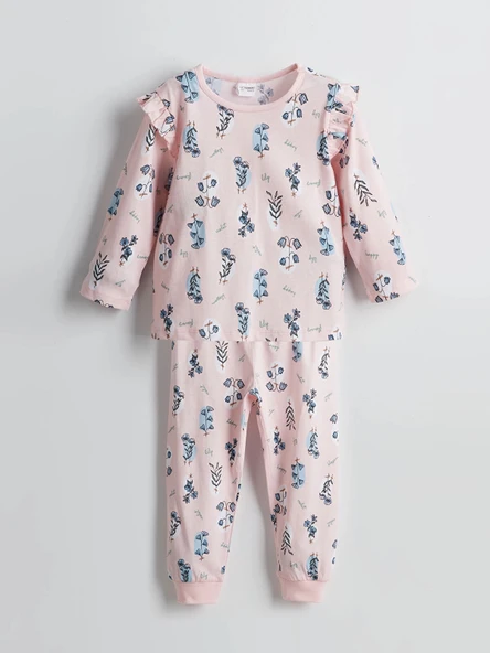 LCW Kids Pembe Bisiklet Yaka Çiçekli Kız Bebek Pijama Takımı ürün görseli 1