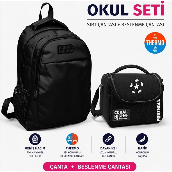 Coral High Siyah Üç Bölmeli Sırt Çantası 14398+Thermo Beslenme Çantası 22798 ürün görseli 1