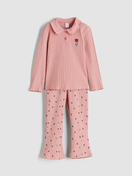 LCW Kids Pembe Polo Yaka Çiçekli Kız Çocuk Tişört ve Tayt ürün görseli 1
