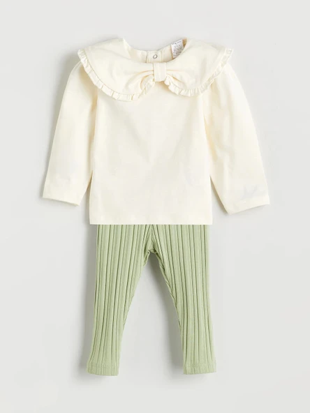 LCW baby Ekru Bebe Yaka Kız Bebek Sweatshirt ve Tayt 2'li ürün görseli 1