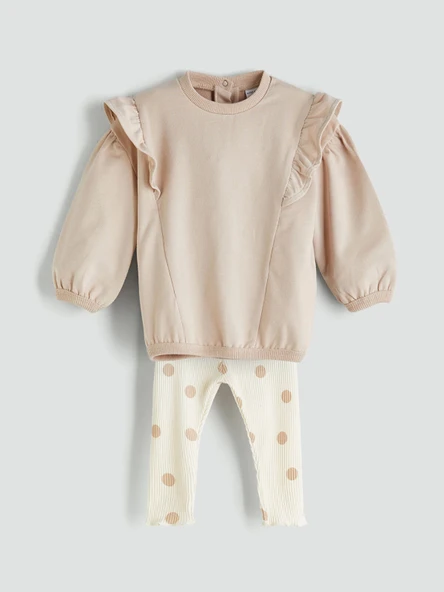 LCW Kids Bej Bisiklet Yaka Uzun Kollu Kız Bebek Sweatshirt ve Tayt 2'li Takım ürün görseli 1