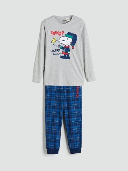 LCW Kids Gri Bisiklet Yaka Snoopy Baskılı Erkek Çocuk Pijama Takımı ürün görseli 1