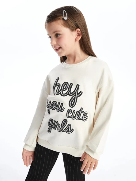 LCW Kids Ekru Bisiklet Yaka Uzun Kollu Baskılı Kız Çocuk Sweatshirt ve Tayt 2'li Takım ürün görseli 1