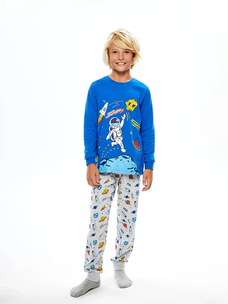 LCW Kids Mavi Bisiklet Yaka Baskılı Uzun Kollu Erkek Çocuk Pijama Takımı ürün görseli 1