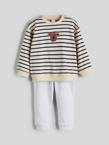 LCW baby Bej Bisiklet Yaka Çizgili Erkek Bebek Sweatshirt ve Eşofman Alt 2'li ürün görseli 1