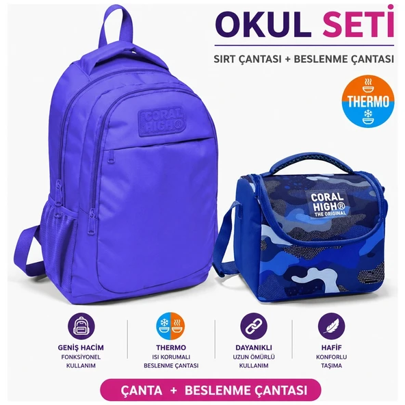 Lavanta Üç Bölmeli Okul Sırt Çantası 14402+ Kamuflaj Desenli Thermo Beslenme Çantası 22789 ürün görseli 1