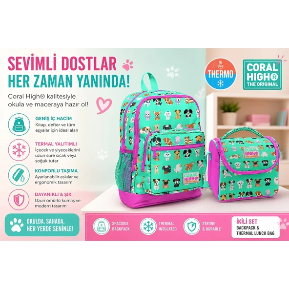 Coral High Köpek Desenli Okul Sırt Çantası 23465+Thermo Beslenme Çantası 11715 ürün görseli 1