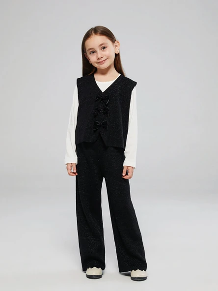 LCW Kids Siyah Simli Triko Kız Çocuk Yelek ve Pantolon ürün görseli 1