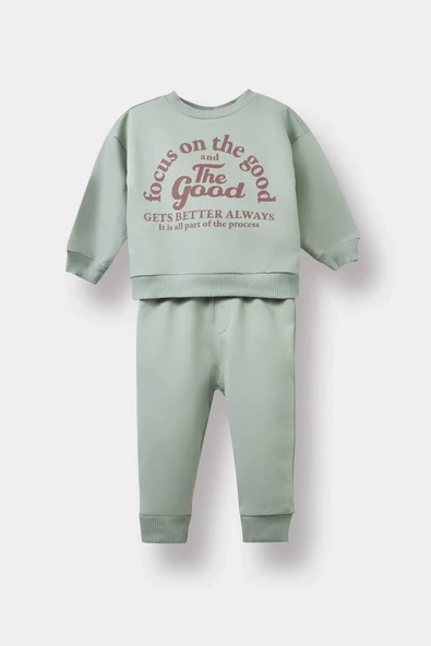 Defacto E9261A5KH434 Haki Erkek Bebek 2'li Takım Baskılı Sweatshirt Beli Lastikli Eşofman Altı ürün görseli 1