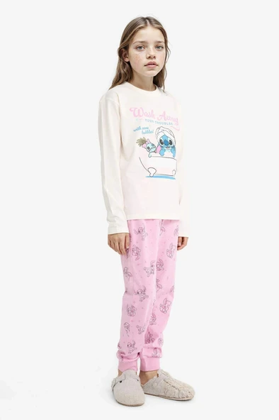 Defacto F7356A8ER105 Ekru Kız Çocuk Disney Lilo & Stitch Pijama Takımı Uzun Kollu Üst Uzun Alt ürün görseli 1